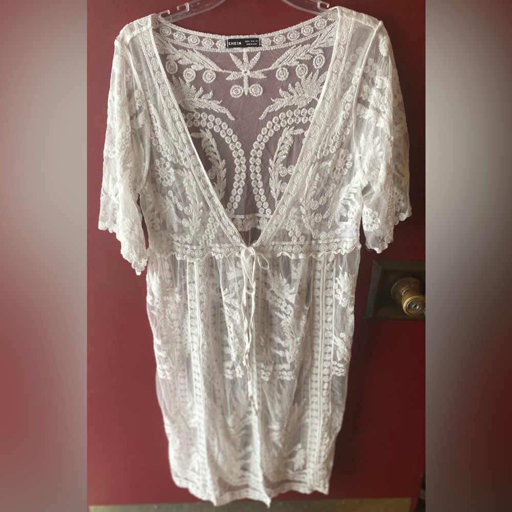 Shein Lace Cardigan Floral Sheer Beach Bikini Cover Ups Tie Kimono Size M NWOT